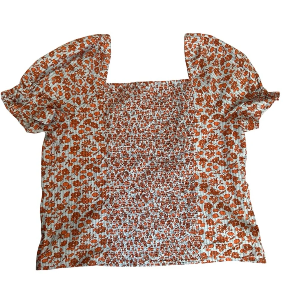 Madewell Shirt Size 6 Medium Button Front Smocked Back Top Floral Blue Orange - Picture 2 of 3